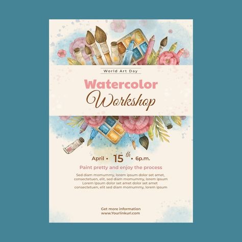 Free vector watercolor world art day ver... | Free Vector #Freepik #freevector #art-day #art-poster #art-template #watercolor-poster Art Workshop Poster Design, World Art Day Poster, Art Workshop Poster, Workshop Poster Design, Workshop Poster, World Art Day, Watercolor Workshop, Owl Wallpaper, Watercolor Poster