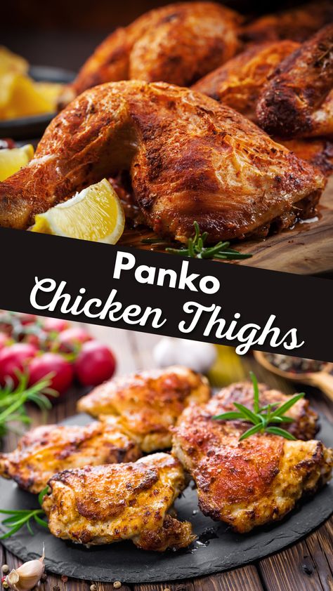 Panko Chicken Thighs Panko Chicken Thighs, Panko Bread Crumbs Recipe, Baked Panko Chicken, Oven Baked Chicken Legs, Crispy Baked Chicken Thighs, Panko Chicken, Bone In Chicken Thighs, Chicken Thighs Recipes, Chicken Thighs Recipe