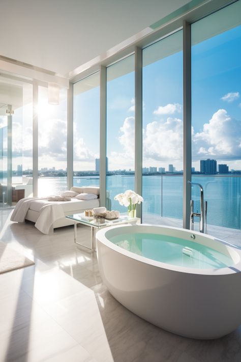 bedroom with jacuzzi with a big window on Miami, with big windows, a big jacuzzi. Elegant Modern Luxury Style Miami Loft Apartments, Bedroom With Jacuzzi, Bedroom With Bathtub, Miami Beach Apartment, Aesthetic Visionboard, Holiday Goals, Luxury Bedroom Interior Design, Luxury Bathroom Interior, Jacuzzi Bathtub