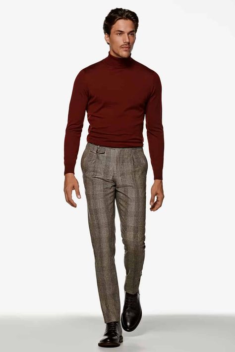 Brown Plaid Pants Outfit, Roll Neck Sweater Outfit, Brown Leather Boots Outfit, Mens Roll Neck Sweater, Turtleneck Outfit Men, Beige Pants Outfit, Mens Plaid Pants, Burgandy Sweater, Brown Pants Men