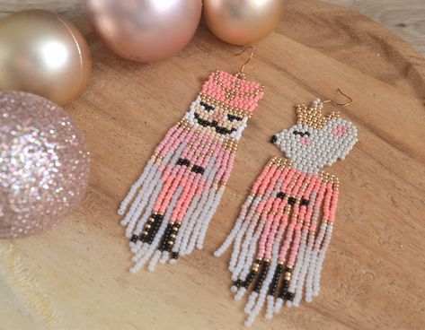 Beaded Nutcracker Earrings, Christmas Beaded Earrings, Nutcracker Earrings, Pink Nutcracker, Christmas Pink, Modern Earrings, Pink Christmas, Nutcracker, Earring Gifts