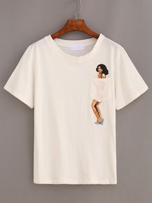 Young Lady Print Pocket T-shirt - White Suits Fancy, Organza Embroidery, Dresses Design, T Shirt Painting, Chiffon Dresses, Cape Style, Shirt Design Inspiration, Casual Shirt Women, Dress Chiffon