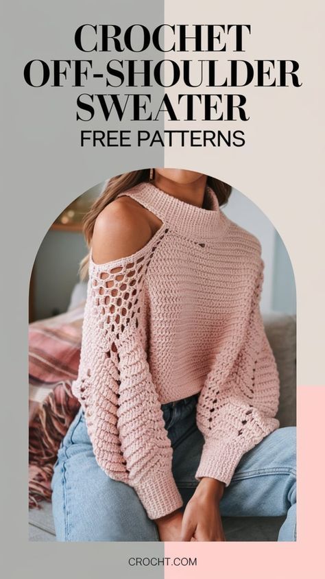 Find free crochet patterns for off-shoulder sweaters to create a versatile and unique piece. Great for showcasing your style! Off The Shoulder Crochet Sweater Pattern, Plus Size Crochet Sweater Patterns Free, Crochet Sweater Pattern Free Women, Crochet Sweater Outfit, Crochet Sweater Pattern Women, Crochet Elf Hat, Black Crochet Sweater, Diy Crochet Sweater, Sweaters Cropped