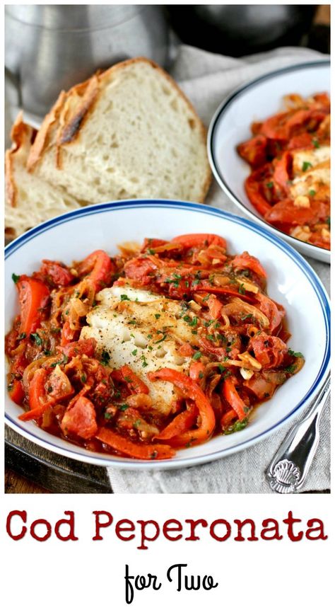 Braised Cod Peperonata for Two | Karen's Kitchen Stories Braised Cod, Best Junk Food, Magic Kitchen, Fish Friday, Red Bell Peppers, Romantic Meals, Cod Recipes, Sherry Vinegar, Grilled Seafood