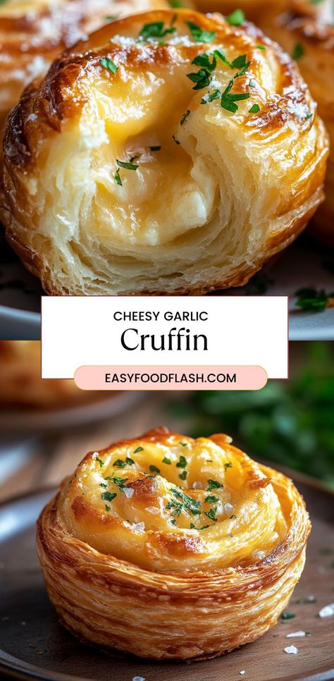 This delightful recipe combines crescent roll dough with a cheesy, garlic-chive filling for buttery, flaky rolls baked to perfection. Perfect as a snack or side dish! Cheese Garlic Crescent Rolls, Crescent Roll Side Dish Recipes, Crescent Flat Sheet Recipes, Cheesy Garlic Crescent Rolls 12 Tomatoes, Cheesy Garlic Cruffins, Cruffins With Crescent Rolls, Snack Recipes Savory, Bread Appetizer Recipes, Cheesy Garlic Crescent Rolls