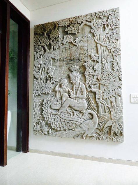 Stone wall mural made by stone masons of India depicting a popular religious theme. Style-Ornamental, carved on a sandstone Sandstone Carving Wall, Stone Art Wall Murals, Carved Stone Wall Mural, Wall Carving Design Living Rooms, Stone Carving Art, Embossed Wall Art, Stone Murals On Walls, Wall Carving Design, Wall Murals Indian