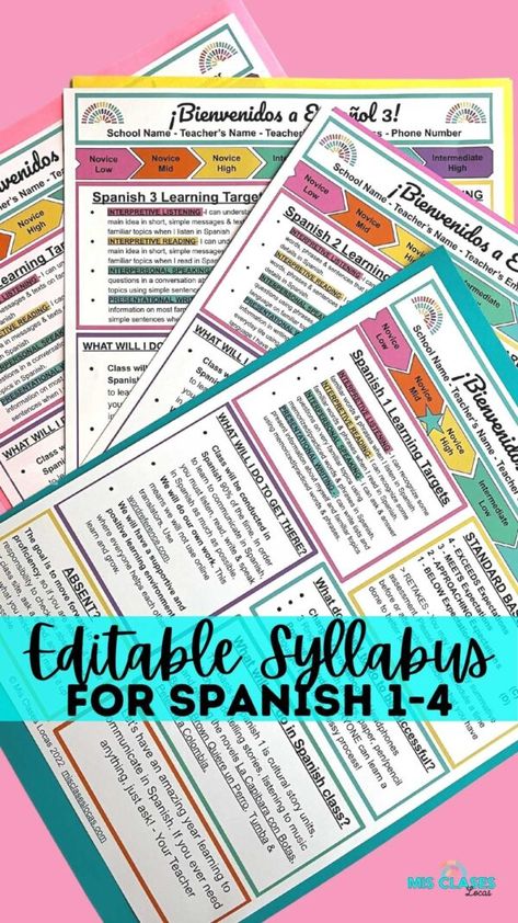 Spanish 2 High Schools, Teacher Syllabus, Spanish Vocabulary List, Syllabus Template, Class Syllabus, World Language Classroom, Language Classroom, Middle School Spanish, Phrases And Sentences