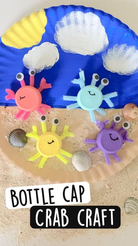 Bottle cap | Preschool crafts, Toddler crafts, Toddler arts and crafts Crab Crafts, Toddler Arts And Crafts, Preschool Art Activities, Ocean Crafts, Daycare Crafts, Crafty Kids, Classroom Crafts, Camping Crafts, Paper Towel Rolls