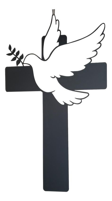 This elegant decorative metal Cross is adorned with a dove carrying a small branch of laurel leaves - an iconic representation of peace and the Holy Spirit, the laurel symbolizing the triumph of the resurrection. This is perfect for your home, church or office, this metal cross has been carefully designed and made by The Metal Peddler. Order for yourself or for your church office. * In this picture, the cross is hung from a small brass tack in the wall and hooked into the wing at the top. You ma Cross Images Christian, Pictures Of Crosses, Cafe Activities, Christian Cross Images, Church Clip Art, Cross With Dove, Dove Silhouette, Advent Church Decorations, Holy Spirit Art