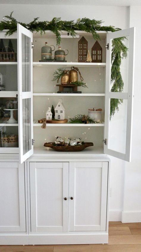 A little Christmas Cabinet decor reel for ya. It’s reel slow so you can catch all the pretty little details with magic fairy lights woven… | Instagram Display Cabinet Christmas Decor, Glass Cabinet Christmas Decor, Christmas Curio Cabinet Decor, Over Cabinet Christmas Decor, Christmas Decor Cabinets, China Cabinet Christmas Decor, Glass Cabinet Ideas, Hutch Christmas Decor, Christmas China Cabinet Decor