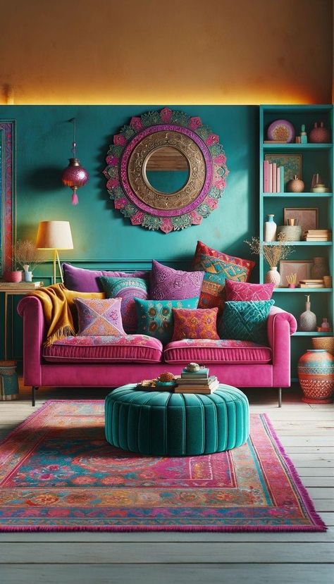 Colourful Boho Interior Design, Turquoise Color Combinations, Funky Living Rooms, Moroccan Living Room, Colourful Living Room Decor, Vibrant Living Room, Rainbow Palette, Boho Style Decor, Casa Vintage