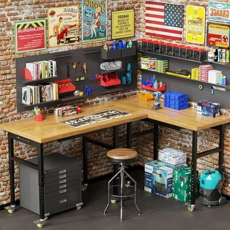 Storage Unit Workshop, Work Benches Garage Workshop, Garage Table Ideas, Hobby Desk Work Stations, Workshop Bench Ideas, Garage Tool Bench, Work Bench Ideas, Rental House Decorating, Wood Work Bench