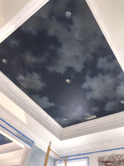 Hand painted cloud mural on bedroom ceiling Wallpaper On Ceiling, Cloud Mural, Ceiling Clouds, 555 Wallpaper, Starry Ceiling, Ceiling Mural, Mural Bedroom, Cloud Ceiling, Sky Ceiling