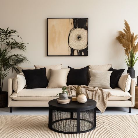 Cream and black, a palette that's not slack—on a cream sofa, it's the chicest track!" 🛋️ Revel in the timeless elegance of our cream and black cushions, flawlessly complementing a cream sofa. ⚪ Unveil the sophistication at 👉 https://covermycushion.com/collections/black-cushion-covers ⚫ #CoverMyCushion #CreamAndBlack #CreamSofaChic #CushionCovers #HomeDecor #InteriorDesign #LivingRoomIdeas #TimelessElegance #SoftFurnishings #HomeStyling #LivingRoomDecor #AccentCushions #MonochromeMagic Cream Black Sofa, Cream Sofa Black Cushions, Cream Sofa With Black Pillows, Cream And Black Lounge, Cream And Black Living Room, Dubai Townhouse, Cushions For Grey Sofa, Black And Cream Living Room, Deco Rumah