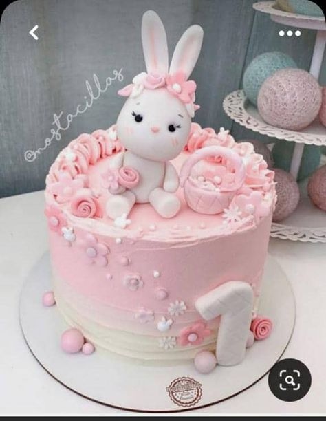 Bunny Rabbit 1st Birthday Cake, 1st Birthday Bunny Cake, Bunny Birthday Cakes Girl, Bunny Birthday Cake Ideas, Bunny Cakes Birthday Kids, Simple 1st Birthday Cake, Bunny Cake Birthday, Pink Bunny Cake, Rabbit Cake Design