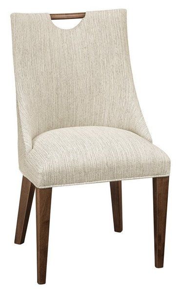 These upholstered contemporary dining chairs have a unique blend of wood and upholstery. The Amish Woodland Contemporary Upholstered Dining Chair has a decorative hardwood handle pull on the top of the chair, which is a stylish touch and a functional way to move the chair easily.     The legs and top wood handle are available in Oak, Cherry, Hard Maple, Brown Maple, Quarter-Sawn White Oak, Hickory, Walnut, Rustic Cherry, and Rustic Hickory. The chairs are shown in Brown Maple with Manchester Stain and R1-137 Palm Fabric, and the other room scene photo shows Oak with Ebony Stain and Antarctic Fabric.     Pair these upholstered side chairs with our matching Woodland contemporary dining table to create a new look for your home dining room.  If you need help, please don't hesitate to contact o Maple Brown, High Back Dining Chairs, Quarter Sawn White Oak, Hickory Wood, Contemporary Dining Table, Home Dining Room, White Oak Wood, Amish Furniture, Contemporary Dining Chairs