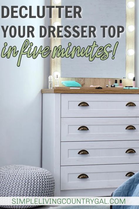 A fast fix project on how to declutter a dresser top, taking it from messy and chaotic to streamlined and organized in just minutes! From decluttering, cleaning, and finally organizing, you can turn this hot spot of clutter into an organized landing ground for your days. Shelves On Top Of Dresser, Aesthetic Dresser Organization, Organizing Top Of Dresser, Bedroom Dresser Top Organization, Dresser Organization Top Of, Top Of Dresser Organization, Organize Dresser Top, Organized Dresser, Dresser Organization Ideas