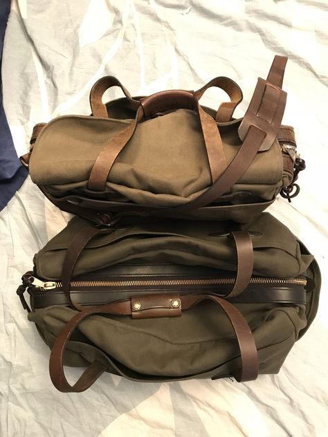 Waxed Canvas Duffle Bag With Leather Trim, Filson Duffle Bag, Brown Waxed Canvas Duffle Bag With Leather Trim, Rugged Leather Duffle Bag With Waxed Finish, Filson Bags, Pedigree Cats, Field Bag, Round The World Trip, Edc Bag