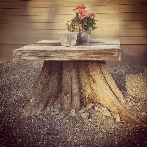 Tree Stump Table Tree Stump Decor, Tree Stump Table, Table Tree, Tire Planters, Stump Table, Garden Benches, Diy Tree, Yard Project, Log Furniture