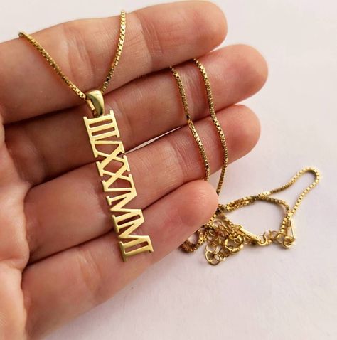 "Roman Numerals Necklace, Charm Pendant, Birth Year Jewellery, Custom Date, Personalized Jewelry, Wedding Gifts, Anniversary Gifts For Her 🧿 Welcome to GDjeweltr special pieces for yourself and loved ones. All our jewelery is custom made by hand care in our workshop. Please take a look my store to see our handmade necklaces, rings, earrings and bracelets collection. ⭐ Details: * Material : High Quality 925K Sterling Silver, 8K Solid Gold, 14K Solid Gold * Finished Color : 925K Sterling Silver, Date Necklace, Anniversary Gifts For Her, Arabic Jewelry, Bracelets Collection, Anniversary Necklace, Number Necklace, Gifts Anniversary, Birth Year, Gold Necklace Layered