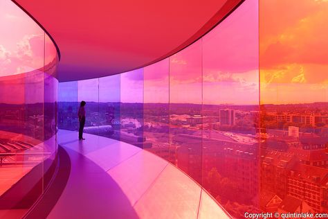 Your Rainbow Panorama, a Rainbow-coloured glass walkway on the roof of the Danish art museum ARoS Aarhus Kuntsmuseum, by Danish-Icelandic artist Olafur Eliasson. Opened 28 May, 2011. | Quintin Lake Photography Flow Fest, Colorful Art Installations, Glass Walkway, Coke Studio, Icelandic Artists, Sustainability Projects, Danish Art, Colour Architecture, Olafur Eliasson