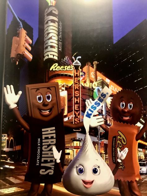 Chocolate bar, kiss, and peanut butter cup mascots from Hershey, Pennsylvania Milton Hershey, Hershey Pennsylvania, Hershey Park, Gotham Villains, Hershey's Chocolate, Outlet Mall, Chocolate World, Hershey Bar, Vacay Mode