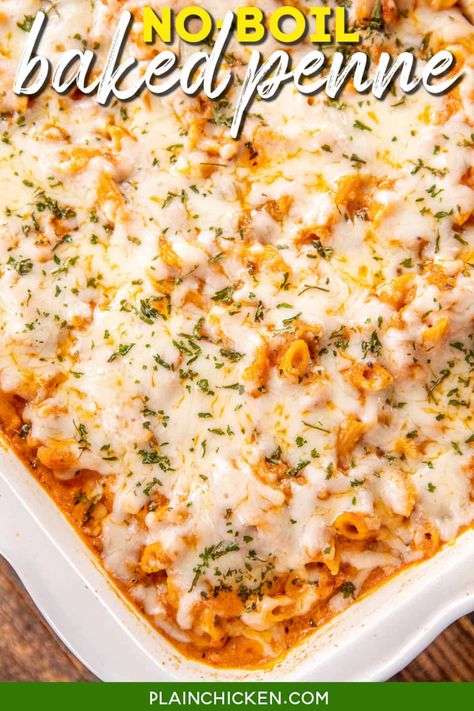 No Boil Baked Penne - SUPER easy weeknight meal. Simply mix together a few simple ingredients, pour it into a baking dish, and bake. No need to precook the pasta. It bakes along with everything else! Penne pasta, ricotta cheese, Italian sausage, spaghetti sauce, water, mozzarella, and parmesan cheese. Serve the pasta with a salad and some garlic bread for a restaurant-quality meal! #pasta #casserole #familydinner #noboilpasta Sausage Spaghetti Sauce, Penne Pasta Bake, Italian Sausage Spaghetti, Italian Pasta Bake, Baked Italian Sausage, Easy Home Cooked Meals, Baked Chicken Parm, Baked Pasta Casserole, Sausage Penne