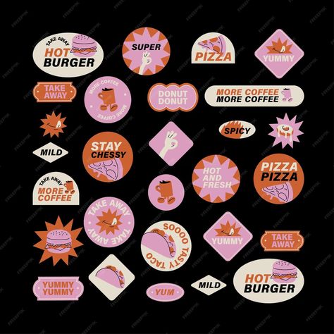 Premium Vector | Vector set of retro fast food stickers colorful patch badges for junk food cafe Sticker Food Design, Food Sticker Design, Retro Fast Food, Fast Food Stickers, Stickers Cafe, Cafe Stickers, Burger Sticker, Retro Stickers, Strawberry Festival