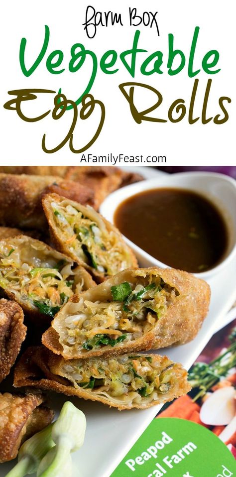 Farm Box Vegetable Egg Rolls - Turn in-season farm fresh veggies into THESE amazing Vegetable Egg Rolls! Vegetable Egg Rolls Recipe, Veggie Egg Rolls, Vegetable Egg Rolls, Egg Rolls Recipe, Csa Farm, Asian Vegetarian Recipes, Egg Roll Recipes, Family Feast, Delicious Vegetables