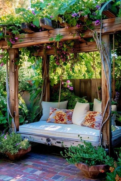 Garden Nook Ideas, Patio Nook, Backyard Garden Landscaping, Rustic Garden Furniture, Garden Furniture Ideas, Resort Ideas, Above Ground Pool Deck, Witchy Garden, Backyard Seating Area