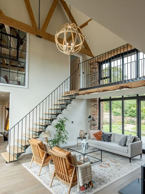 Barn Conversion Living Room, Converted Barn Interiors, Modern Barn Conversion Interiors, Open Plan Barn Conversion, Barn Conversion Interiors Open Plan, House And Barn Property Layout, Small Barn Conversion Interiors, Renovated Barn Homes, Barn Converted To House