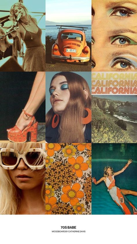 Inspiration moodboard curated by @CatherineDavis__. Full board with pins on profile. // 70s aesthetic. Seventies aesthetic. California. Stevie Nicks. Orange bug. 70s makeup. Vintage. Vintage fashion. 70s pattern. Platform shoes. Moodboard. Vision board. Design inspiration. Color palette. 70s Aesthetic Hippie, Shoes Moodboard, Seventies Aesthetic, 70s Hippie Aesthetic, Vision Board Design, Vintage Fashion 1970, Vintage Fashion 70s, 1970s Aesthetic, Aesthetic California