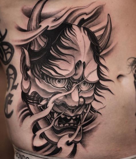 🐯 Artwork b Japanese Art Tattoo, Japanese Mask Tattoo, Oni Tattoo, Hannya Mask Tattoo, Tattoo Chest, Devil Tattoo, Japan Tattoo Design, Koi Tattoo, Mask Tattoo