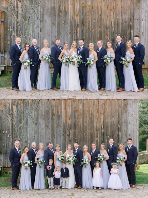 Large wedding party with soft blue bridesmaids gowns and navy blue suits. A wedding at the Homestead at Cloudland Station at Chickamauga near Chattanooga, Tennessee. Huge Wedding Party Photos, Wedding Photos Large Bridal Party, Blue Ridge Parkway Wedding, Navy Blue Suits, Blue Bridesmaid Gowns, Large Wedding Party, Anniversary Plans, Bridesmaids Gowns, Wedding Parties Pictures