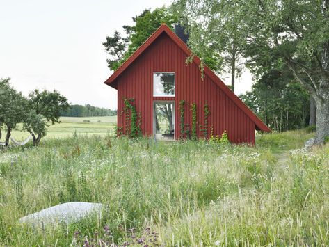 Glass Pocket Doors, Red Cottage, Wooden Steps, Open Fireplace, Old Cottage, Standing Seam, Tiny Cabin, Wood Siding, Red House