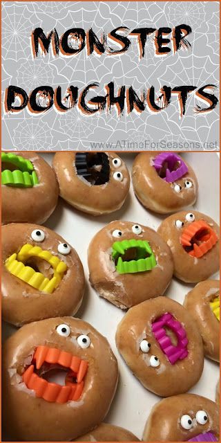 Monster Doughnuts Halloween food party recipe idea easy DIY donut doughnut Monster Doughnuts, Halloween Dessert Ideas, Spooky Halloween Desserts, Pasteles Halloween, Dessert Halloween, Postres Halloween, Recetas Halloween, Spooky Ideas, Halloween Dessert