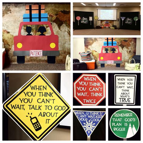 Our set design for March, 2015 - Are We There Yet? {252 Basics} School Room Decor, Construction Vbs, Route 66 Theme, Sunday School Room Decor, 252 Basics, Reading Week, Sunday School Rooms, Orange Kids, Vbs 2023