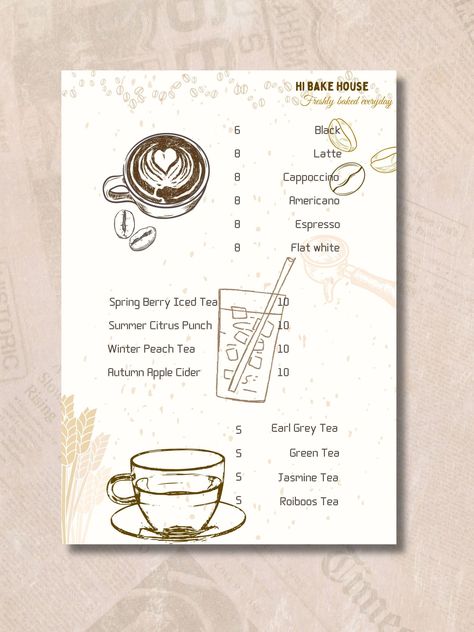 Capture the essence of a rustic and charming cafe with Wheat-Styled Menu Template. This menu template is perfect for cafe owners and restaurateurs looking to create an inviting and minimalistic menu that reflects the warm hues of wheat fields. Coffee Shop Design Aesthetic, Coffee Shop Menu Card, Cafe Menu Minimalist, Minimal Menu Design Cafe, Coffee Menu Graphic Design, Simple Coffee Menu Design, Cafe Menu Template, Coffee Menu Design, Resort Restaurant