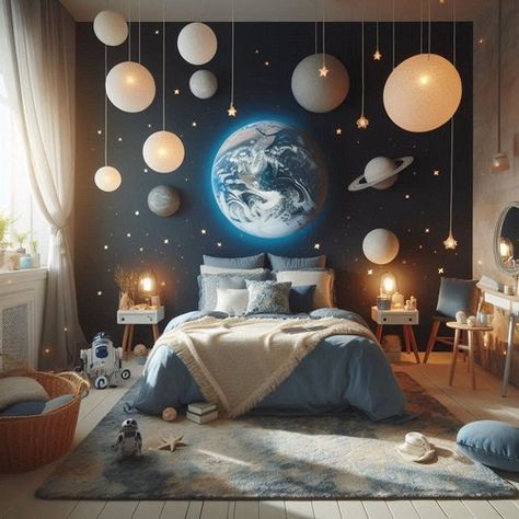 Astronomy Bedroom, Spaceship Bedroom, Space Theme Bedroom, Theme Bedroom Ideas, Boys Space Room, Outer Space Room, Bright Kids Room, Bedroom Ideas For Kids, Space Themed Bedroom