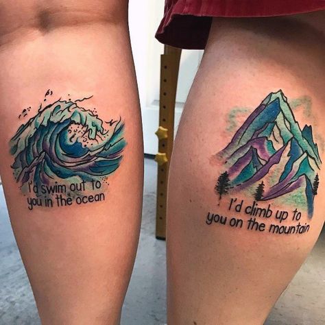 Watercolor Ocean Wave With Mountain And Quote Couple Tattoo Couple Tattoo Heart, Couple Tattoo Quotes, Couple Tattoos Love, Couple Tattoos Unique Meaningful, Best Couple Tattoos, Ocean Tattoo, Tattoos Infinity, Couple Tattoos Unique, Couples Tattoo Designs