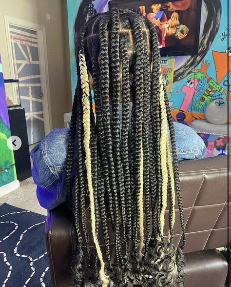 Black Jumbo Knotless Braids, Knotless Braids With Blonde Highlights, Knotless Braids With Blonde, Braids With Blonde Highlights, Braids With Blonde, Jumbo Knotless, Blonde Ends, Big Box Braids, Goddess Braids Hairstyles