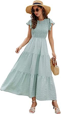 Duiah Women's Summer Casual Flutter Short Sleeve Crew Neck Smocked Elastic Waist Tiered Maxi Dress Tiered Dress Casual, Simple Frock, Simple Frock Design, Print Chiffon Maxi Dress, Elegant Summer Dresses, Cute Maxi Dress, Simple Frocks, Rose Maxi Dress, Maxi Bridesmaid Dresses