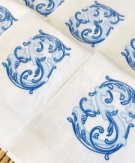 Shuler Studio on Instagram: "One of the MANY reasons we love our Vintage Vine font is the way you can customize your colors in embroidery. The color-separation of each letter allows for endless combinations like this S in two beautiful shades of blue. Absolute perfection! . . . Beautiful Embroidery / @belle.linen . . . #monogram #embroideredmonogram #embroideryfont #shulermonogram #monogramfont #embroideredlinens" Vine Font, Initial Fonts, Mythical Beasts, Embroidery Boutique, Linen Hand Towels, Initial Monogram, Embroidered Monogram, Vintage Monogram, Blue Towels