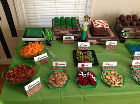 Minecraft Birthday Party Food Ideas | Minecraft Birthday Party Ideas Backdrop Streamers, Minecraft Party Food, Diy Minecraft Birthday Party, Birthday Straws, Minecraft Party Decorations, Brown Items, Tassel Banner, Minecraft Food, Happy Birthday Boy