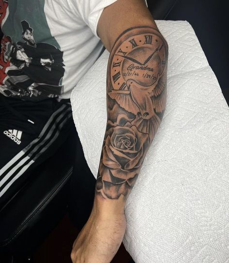 One Arm Sleeve Tattoo Men, Rear Forearm Tattoo Men, Tattoos For Family Members Lost, Memorial Sleeve Tattoo For Men, Forearm Quarter Sleeve, Family Tattoos For Men Arm Half Sleeves, Rip Mom Tattoo For Men, Rip Dad Tattoos For Men, Outside Arm Tattoo For Men