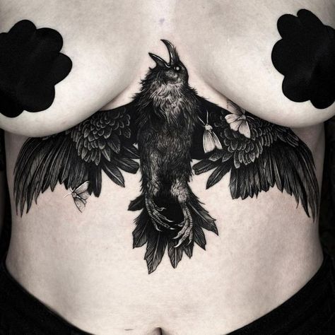 Spooky Filler Tattoo Ideas, Gothic Nature Tattoo, Raven Chest Tattoo, Gothic Chest Tattoo, Pelvic Tattoos, Fandom Tattoos, Blackout Tattoo, Raven Tattoo, Sternum Tattoo