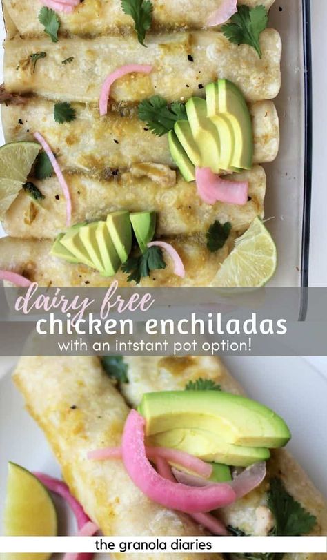 Dairy Free Chicken Enchiladas made with chicken and salsa verde! So flavorful. Also can be gluten free. Can be made in Instant Pot. #chickenenchiladas #dairyfree #instantpot #chickenrecipes #mealprep Gluten Free Dairy Free Chicken Enchiladas, Non Dairy Enchiladas, Gluten Free Dairy Free Enchiladas, Dairy Free Enchiladas Chicken, Dairy Free Chicken Enchiladas, Instant Pot Dairy Free, Dairy Free Enchiladas, Aip Lifestyle, Chicken And Salsa