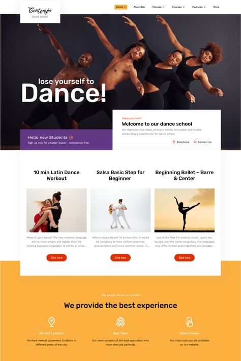 Contempo is a sleek and modern WordPress theme designed for dance schools and studios. With its customizable features and intuitive design, this theme is perfect for creating a professional and engaging website to showcase your dance classes and events. The theme includes pre-built pages for showcasing your classes, events, and instructor profiles. It also comes with a powerful page builder, advanced theme options, and support for popular plugins like WooCommerce and WPML. Dance Studio Website, Website Design Tutorial, Ballet Barre Workout, Dance Studio Design, Dance Studio Decor, Salsa (dance), Intuitive Design, Event Website, School Website