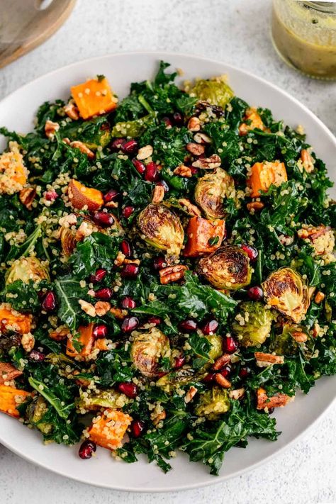 Brussel Sprouts And Sweet Potato Recipe, Sweet Potato Brussels Sprouts, Vegan Green Goddess Dressing, Roasted Vegetable Quinoa, Vegetable Quinoa Salad, Vegan Green Goddess, Quinoa Side Dish, Sweet Potato Quinoa Salad, Sprouting Sweet Potatoes