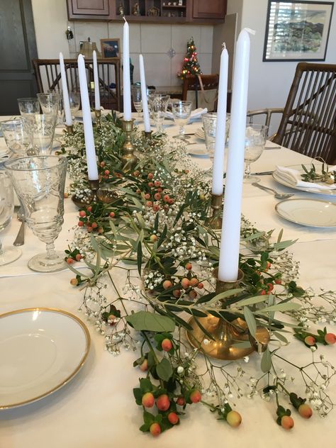 Olive Branch Tablescape, Olive Branch Christmas Decor, Ivy Table Decoration, Mistletoe Wedding Decoration, Small Winter Branches Table, Berry Garland On Chandelier, Privet Berry Arrangement, Filipiniana Wedding Theme, Future Christmas